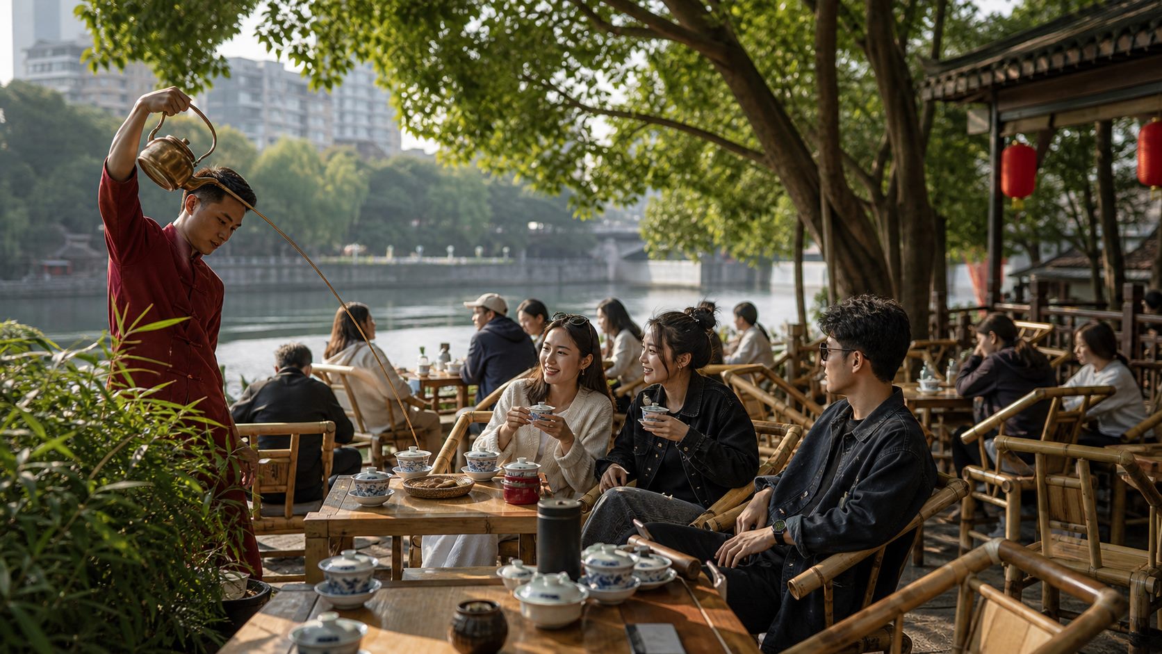 盖碗茶、长壶表演与竹椅组成的成都坝坝茶新消费场景