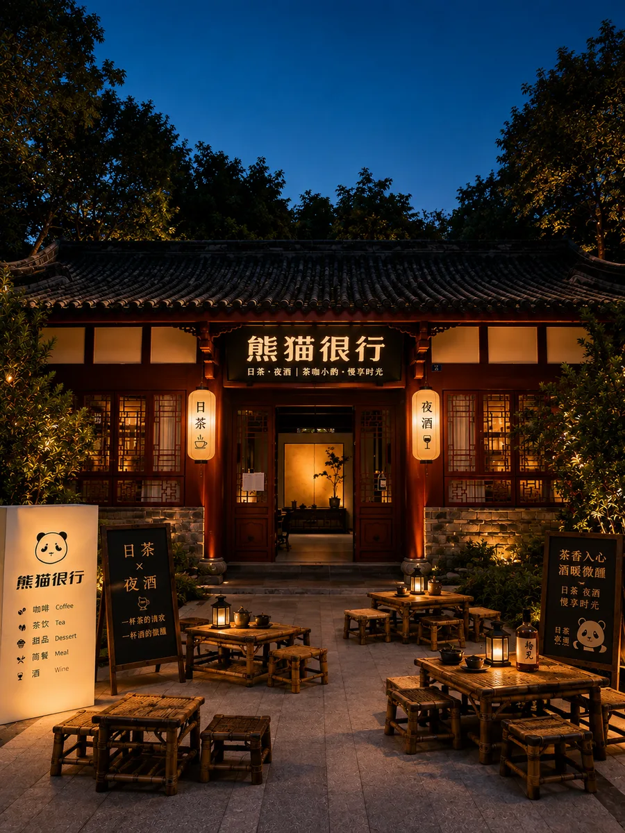 熊猫很行茶馆夜景效果图，暖灯下的门头与竹椅茶座